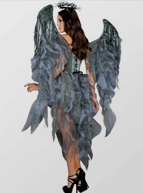 Grey Sleeveless Sexy Low Cut Short Dress Set With Wings Halloween Demon Angel Witch Costume Female