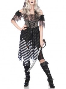 Lace Sleeves Hole Irregular Hem Black Gothic Medium Length Dress Set Halloween Witch Pirate Warrior Costume Female