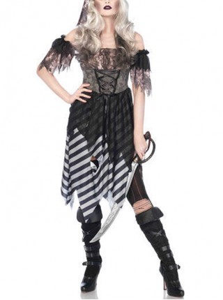 Lace Sleeves Hole Irregular Hem Black Gothic Medium Length Dress Set Halloween Witch Pirate Warrior Costume Female