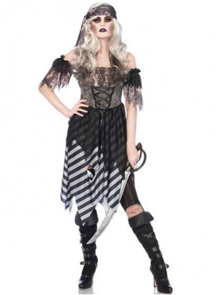 Lace Sleeves Hole Irregular Hem Black Gothic Medium Length Dress Set Halloween Witch Pirate Warrior Costume Female