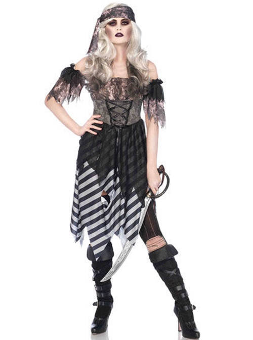 Lace Sleeves Hole Irregular Hem Black Gothic Medium Length Dress Set Halloween Witch Pirate Warrior Costume Female