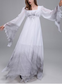 Long White Loose Square Collar Long Sleeve Chiffon Satin Dress Halloween Demon Angel Devil Ghost Bride Costume Female