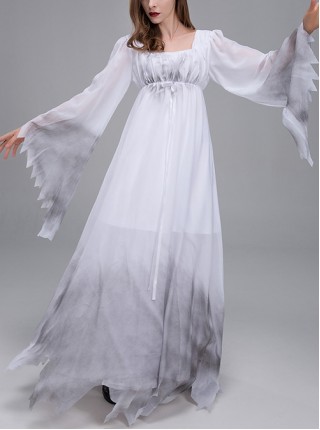 Long White Loose Square Collar Long Sleeve Chiffon Satin Dress Halloween Demon Angel Devil Ghost Bride Costume Female