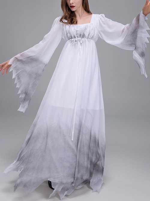 Long White Loose Square Collar Long Sleeve Chiffon Satin Dress Halloween Demon Angel Devil Ghost Bride Costume Female