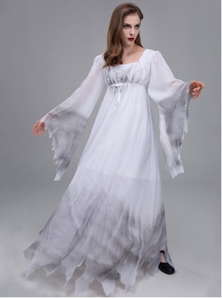 Long White Loose Square Collar Long Sleeve Chiffon Satin Dress Halloween Demon Angel Devil Ghost Bride Costume Female