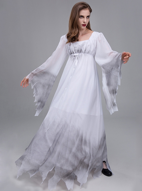 Long White Loose Square Collar Long Sleeve Chiffon Satin Dress Halloween Demon Angel Devil Ghost Bride Costume Female