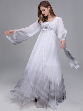 Long White Loose Square Collar Long Sleeve Chiffon Satin Dress Halloween Demon Angel Devil Ghost Bride Costume Female