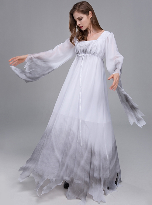 Long White Loose Square Collar Long Sleeve Chiffon Satin Dress Halloween Demon Angel Devil Ghost Bride Costume Female