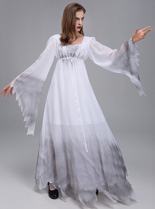 Long White Loose Square Collar Long Sleeve Chiffon Satin Dress Halloween Demon Angel Devil Ghost Bride Costume Female