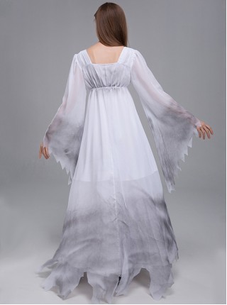 Long White Loose Square Collar Long Sleeve Chiffon Satin Dress Halloween Demon Angel Devil Ghost Bride Costume Female