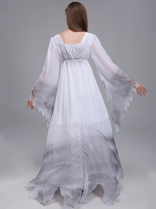 Long White Loose Square Collar Long Sleeve Chiffon Satin Dress Halloween Demon Angel Devil Ghost Bride Costume Female