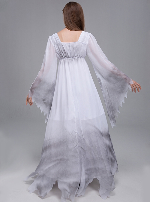 Long White Loose Square Collar Long Sleeve Chiffon Satin Dress Halloween Demon Angel Devil Ghost Bride Costume Female