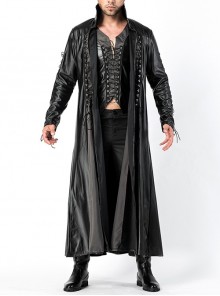 Gothic Black Imitation Leather Top Pants Long Sleeve Stand Collar Windbreaker Punk 3 Piece Set The Matrix Halloween Demon Vampire Costume Male