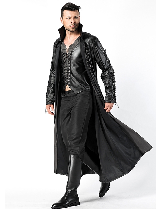 Gothic Black Imitation Leather Top Pants Long Sleeve Stand Collar Windbreaker Punk 3 Piece Set The Matrix Halloween Demon Vampire Costume Male