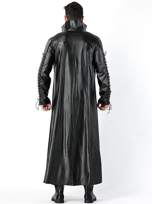 Gothic Black Imitation Leather Top Pants Long Sleeve Stand Collar Windbreaker Punk 3 Piece Set The Matrix Halloween Demon Vampire Costume Male