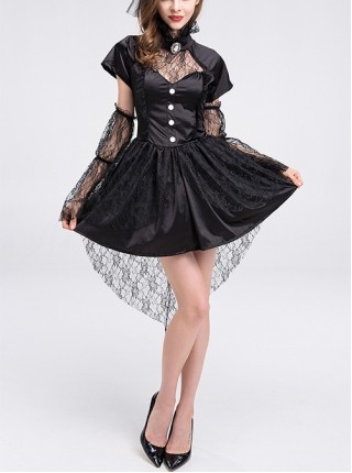 Short Black Hollow Out Collar Short Sleeve Dress With Lace Sleeves Small Hat 3 Piece Set Halloween Demon Vampire Earl Costume Female