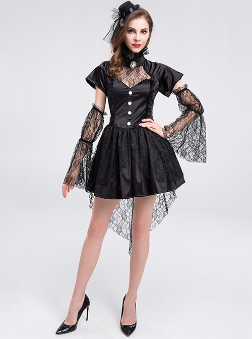 Short Black Hollow Out Collar Short Sleeve Dress With Lace Sleeves Small Hat 3 Piece Set Halloween Demon Vampire Earl Costume Female