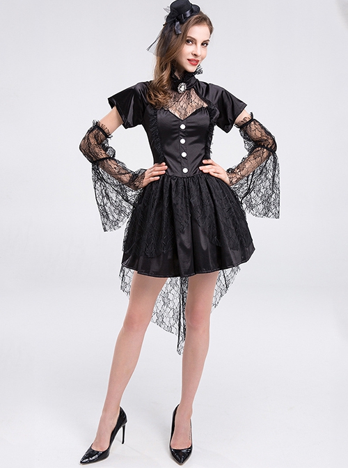 Short Black Hollow Out Collar Short Sleeve Dress With Lace Sleeves Small Hat 3 Piece Set Halloween Demon Vampire Earl Costume Female