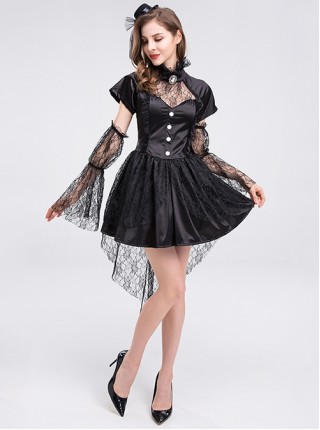 Short Black Hollow Out Collar Short Sleeve Dress With Lace Sleeves Small Hat 3 Piece Set Halloween Demon Vampire Earl Costume Female