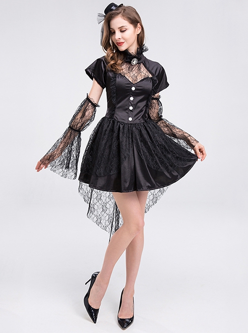 Short Black Hollow Out Collar Short Sleeve Dress With Lace Sleeves Small Hat 3 Piece Set Halloween Demon Vampire Earl Costume Female