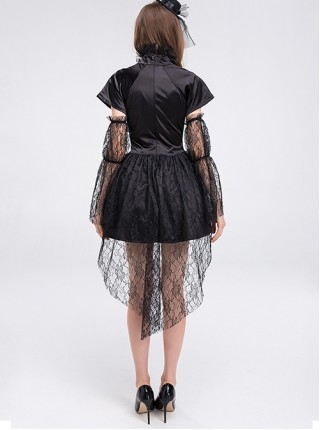 Short Black Hollow Out Collar Short Sleeve Dress With Lace Sleeves Small Hat 3 Piece Set Halloween Demon Vampire Earl Costume Female