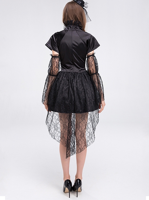 Short Black Hollow Out Collar Short Sleeve Dress With Lace Sleeves Small Hat 3 Piece Set Halloween Demon Vampire Earl Costume Female