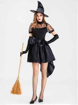 Simple Elegant Hollow Out Lace Collar Irregular Hem Bow Belt Short Black Dress Halloween Witch Ghost Specter Costume Female