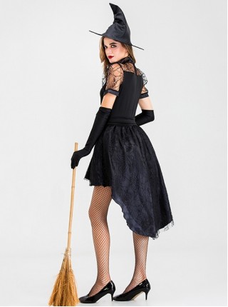 Simple Elegant Hollow Out Lace Collar Irregular Hem Bow Belt Short Black Dress Halloween Witch Ghost Specter Costume Female