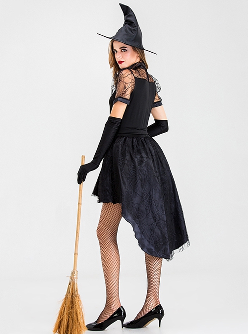 Simple Elegant Hollow Out Lace Collar Irregular Hem Bow Belt Short Black Dress Halloween Witch Ghost Specter Costume Female