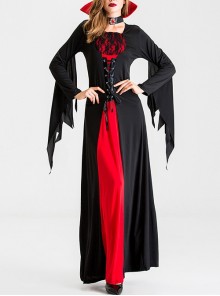 Long Black-red Square Collar Jagged Edge Long Sleeve Slim Tunic Dress Halloween Demon Vampire Witch Ghost Bride Costume Female