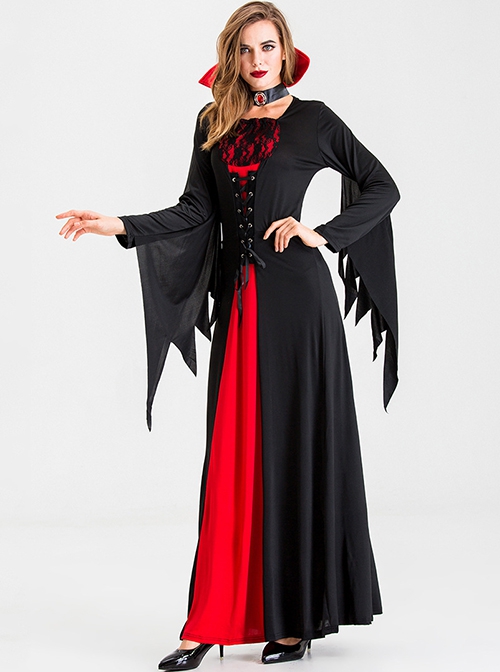 Long Black-red Square Collar Jagged Edge Long Sleeve Slim Tunic Dress Halloween Demon Vampire Witch Ghost Bride Costume Female
