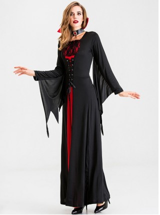 Long Black-red Square Collar Jagged Edge Long Sleeve Slim Tunic Dress Halloween Demon Vampire Witch Ghost Bride Costume Female