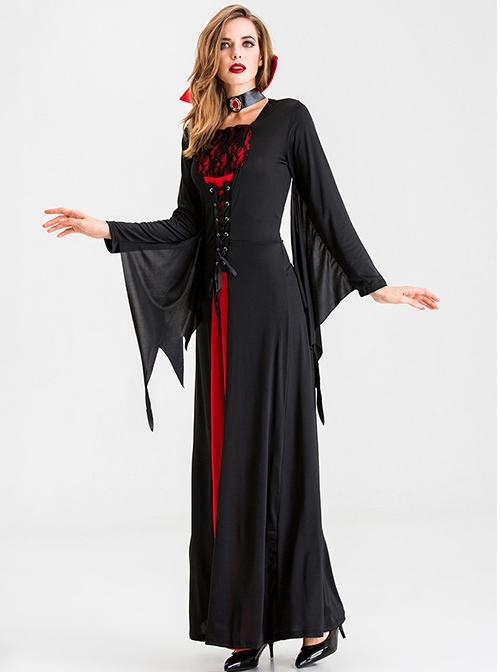 Long Black-red Square Collar Jagged Edge Long Sleeve Slim Tunic Dress Halloween Demon Vampire Witch Ghost Bride Costume Female