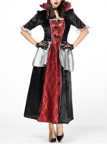 Gothic Black-red Stand Collar Medium Sleeve Lace Mesh Black Bow Dress Halloween Demon Vampire Witch Costume Female