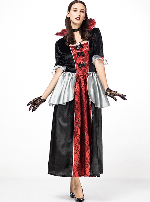 Gothic Black-red Stand Collar Medium Sleeve Lace Mesh Black Bow Dress Halloween Demon Vampire Witch Costume Female