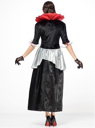 Gothic Black-red Stand Collar Medium Sleeve Lace Mesh Black Bow Dress Halloween Demon Vampire Witch Costume Female
