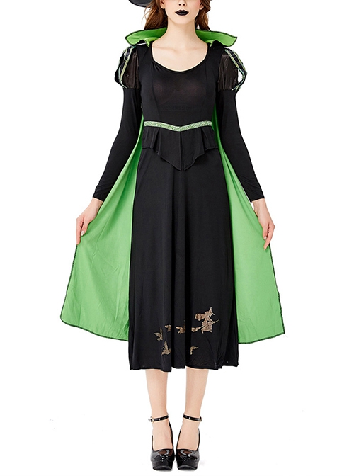 Simple Temperament Green Stand Collar Long Cloak Pointed Hat Black Long Sleeve Long Dress Halloween Witch Complete Costume