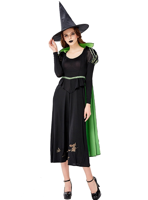 Simple Temperament Green Stand Collar Long Cloak Pointed Hat Black Long Sleeve Long Dress Halloween Witch Complete Costume