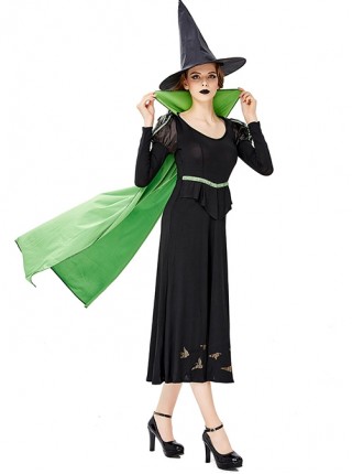 Simple Temperament Green Stand Collar Long Cloak Pointed Hat Black Long Sleeve Long Dress Halloween Witch Complete Costume