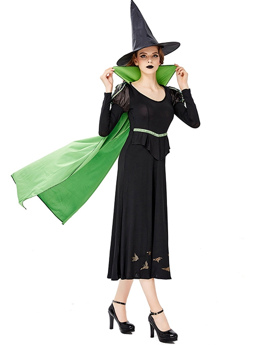 Simple Temperament Green Stand Collar Long Cloak Pointed Hat Black Long Sleeve Long Dress Halloween Witch Complete Costume