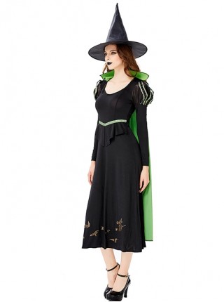 Simple Temperament Green Stand Collar Long Cloak Pointed Hat Black Long Sleeve Long Dress Halloween Witch Complete Costume