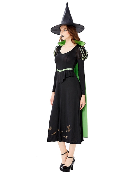 Simple Temperament Green Stand Collar Long Cloak Pointed Hat Black Long Sleeve Long Dress Halloween Witch Complete Costume