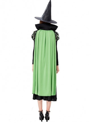 Simple Temperament Green Stand Collar Long Cloak Pointed Hat Black Long Sleeve Long Dress Halloween Witch Complete Costume