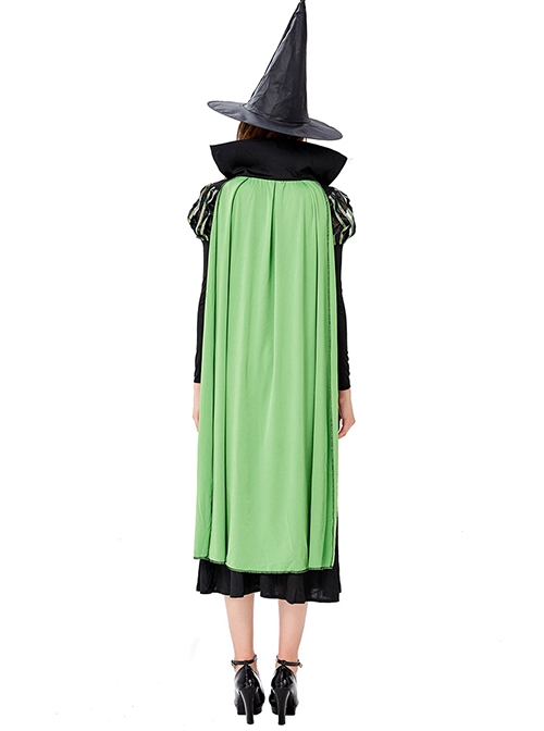 Simple Temperament Green Stand Collar Long Cloak Pointed Hat Black Long Sleeve Long Dress Halloween Witch Complete Costume