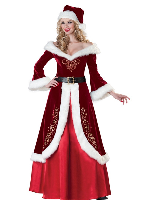 Long Red Long Sleeve Gold Velvet Dress Christmas Prom Party Festival Performance Costume Couple Female