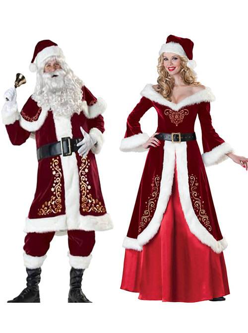 Long Red Long Sleeve Gold Velvet Dress Christmas Prom Party Festival Performance Costume Couple Female