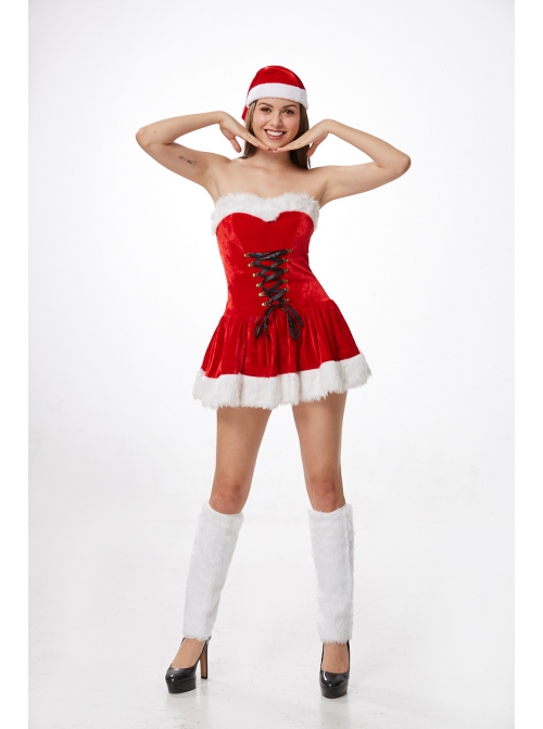 Youthful Vitality Short Red Tube Top Dress With White Foot Cover Christmas Prom Party Festival Performance Costume Female