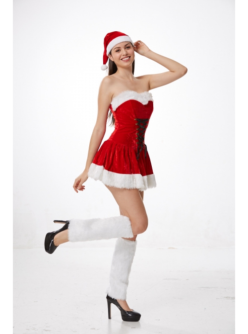 Youthful Vitality Short Red Tube Top Dress With White Foot Cover Christmas Prom Party Festival Performance Costume Female