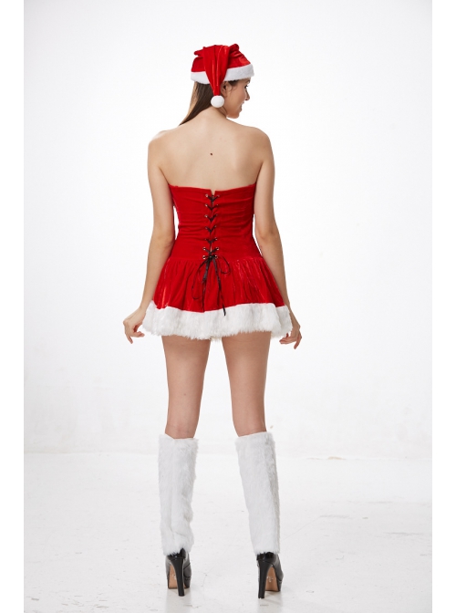 Youthful Vitality Short Red Tube Top Dress With White Foot Cover Christmas Prom Party Festival Performance Costume Female