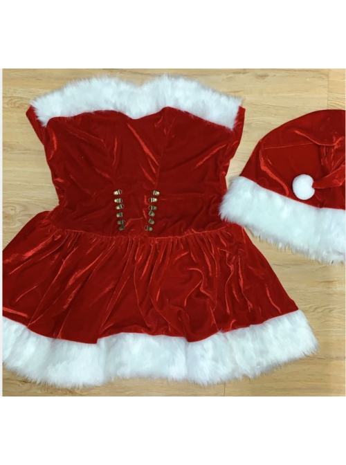 Youthful Vitality Short Red Tube Top Dress With White Foot Cover Christmas Prom Party Festival Performance Costume Female